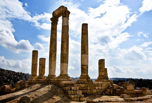Amman Citadel ruins with cloudy sky in Jordan