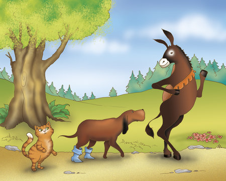 A donkey, a dog and a cat walking together. Digital illustration of the Grimm's fairy tale: Bremen town musicians.