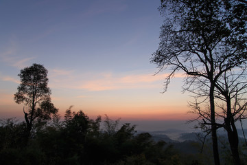 Fototapeta na wymiar sunrise at misty forest and mountain in Nam Nao park Phetchabun