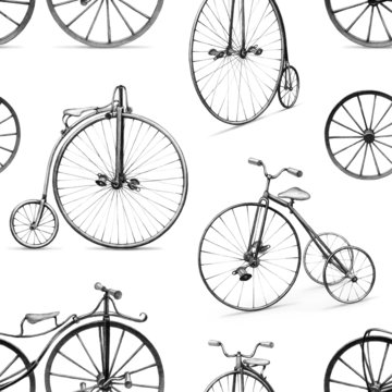 Pencil drawing of retro bicycle. Seamless pattern