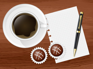 Cup of coffee, two chocolates and sheet with space for your text