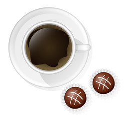 Coffee cup with two chocolate sweets on the white background