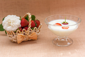 Yogurt with strawberry in glass bowl