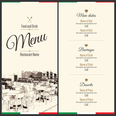 Retro restaurant menu design. With a sketch picture