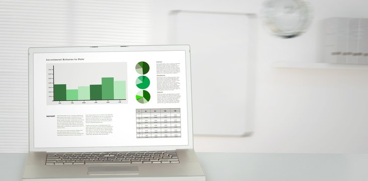 Composite image of business interface with graphs and data