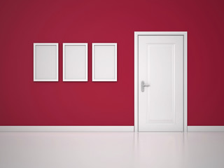 Closed White Doors on Red Wall. 3d render