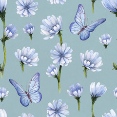 Wild flowers illustration. Watercolor seamless pattern