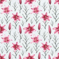 Fotobehang Seamless pattern with drawings of lily flowers © Aleksandra Smirnova