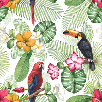 Watercolor toucan and parrot. Seamless pattern