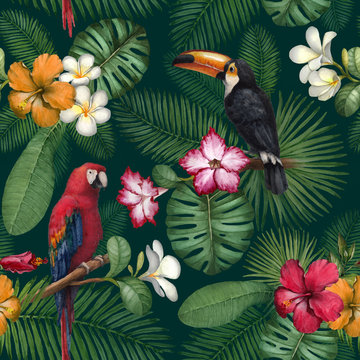 Watercolor toucan and parrot. Seamless pattern