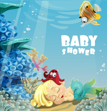 Baby shower with sleeping baby mermaid