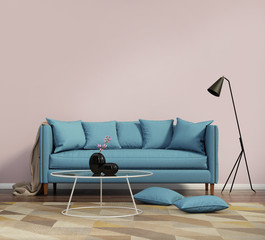 Dark pink wall interior with a blue sofa