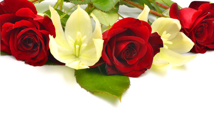 Red roses and yellow flowers isolated on white background