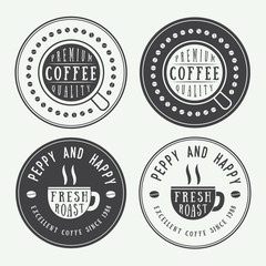 Set of vintage coffee logos, labels and emblems with cup, dish and grains

