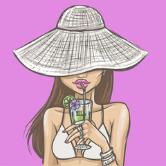 Sexy girl in hat drinks a cocktail