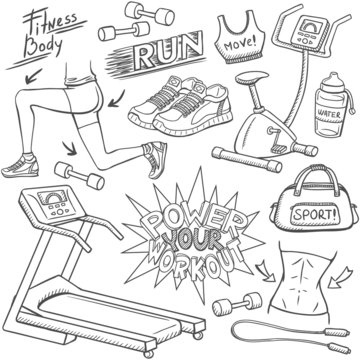 Gym and fitness doodles set