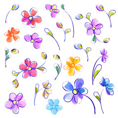 Set of isolated watercolor flowers