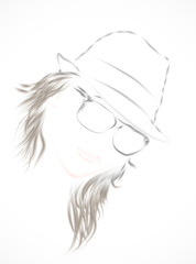 Sketch portrait of the girl in a hat and sunglasses