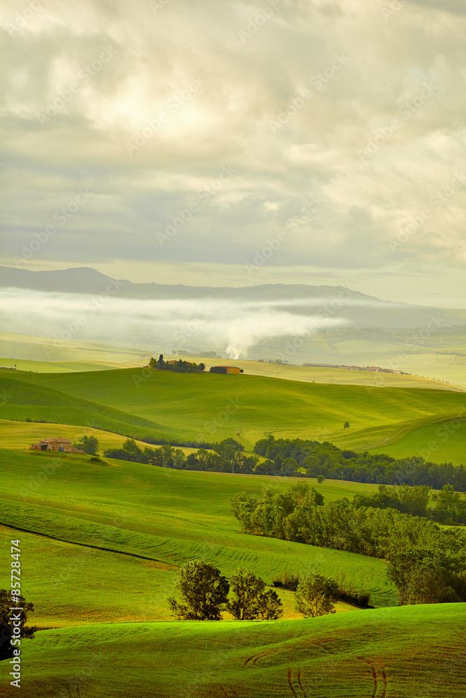 Wall mural Tuscany, rural sunset landscape. Countryside farm, cypresses tre