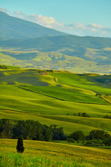 Tuscany, rural sunset landscape. Countryside farm, cypresses tre
