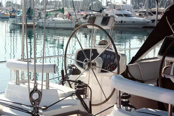Zelfklevend Fotobehang sail boat yacht cockpit and steering wheel © William Richardson