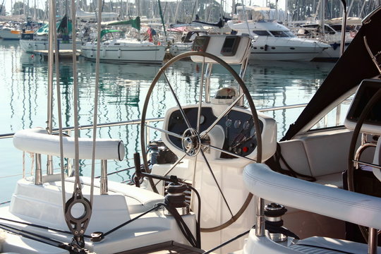 sail boat yacht cockpit and steering wheel
