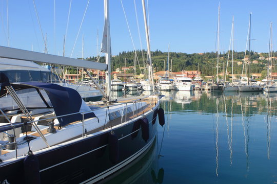 moored boat and yachts in marina