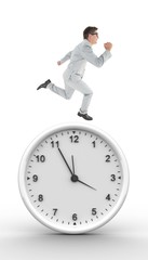 Composite image of geeky happy businessman running mid air