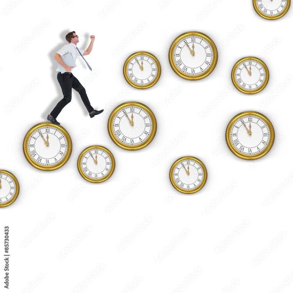 Poster composite image of geeky businessman running late
