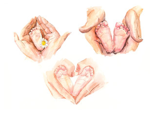 Hands of mothers concerned barefoot baby. New born child baby foots leg in mother hands isolated on a white background. Watercolor hand drawn illustration.