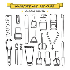 Fototapeta premium Vector set of manicure and pedicure doodle equipment.