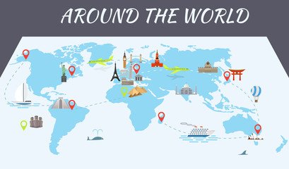 Famous world landmarks icons on the map