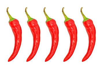 Five red hot chile pepper.Isolated.