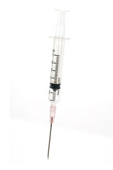 Syringe close up on white background