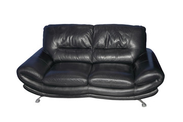 Modern black leather sofa.Isolated.