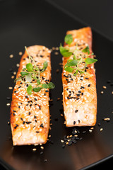 Grilled salmon on black plate vertical