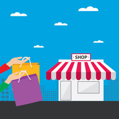 Shopping in the city with bag and front of shop, vector illustration