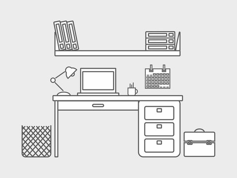 Working computer desk, laptop, lamp, computer chair, vector illustration linear