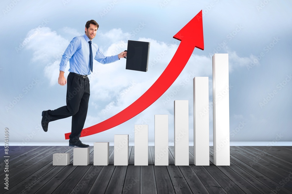 Poster composite image of walking and smiling businessman with suitcase