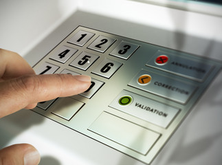 DAB ou GAB, Guichet ou Distributeur Automatique de Billets, clavier en gros plan.