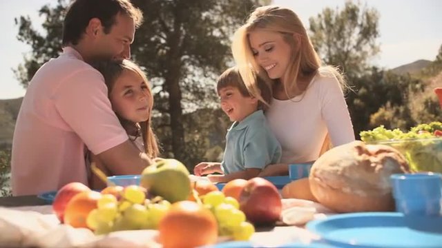 Pan shot of family in park with picnic