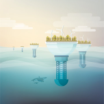 futuristic eco friendly floating underwater city conceptual in flat design style- sustainable energy concept illustration