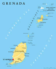 Grenada political map with capital St. Georges. Island Country and part of the Windward Islands and Lesser Antilles in the Caribbean Sea. English labeling and scaling. - obrazy, fototapety, plakaty