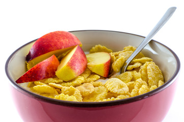 Breakfast with cornflakes on the white background