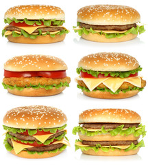 Set of big hamburgers on white background