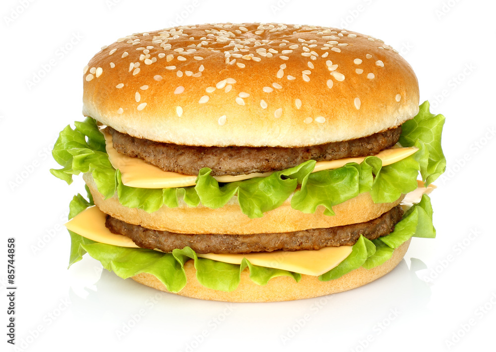 Wall mural Big hamburger on white background