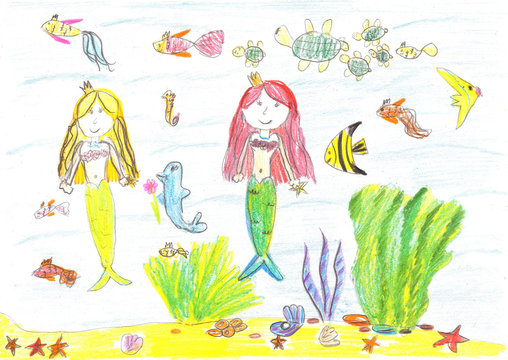 Drawing of a mermaid, fish, turtle, starfish