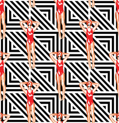 Top view of girl in red swimsuit pattern,geometric background 