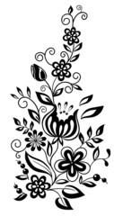 black-and-white flowers and leaves. Floral design element in retro style