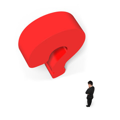 Man thinking with huge 3D red question mark white background